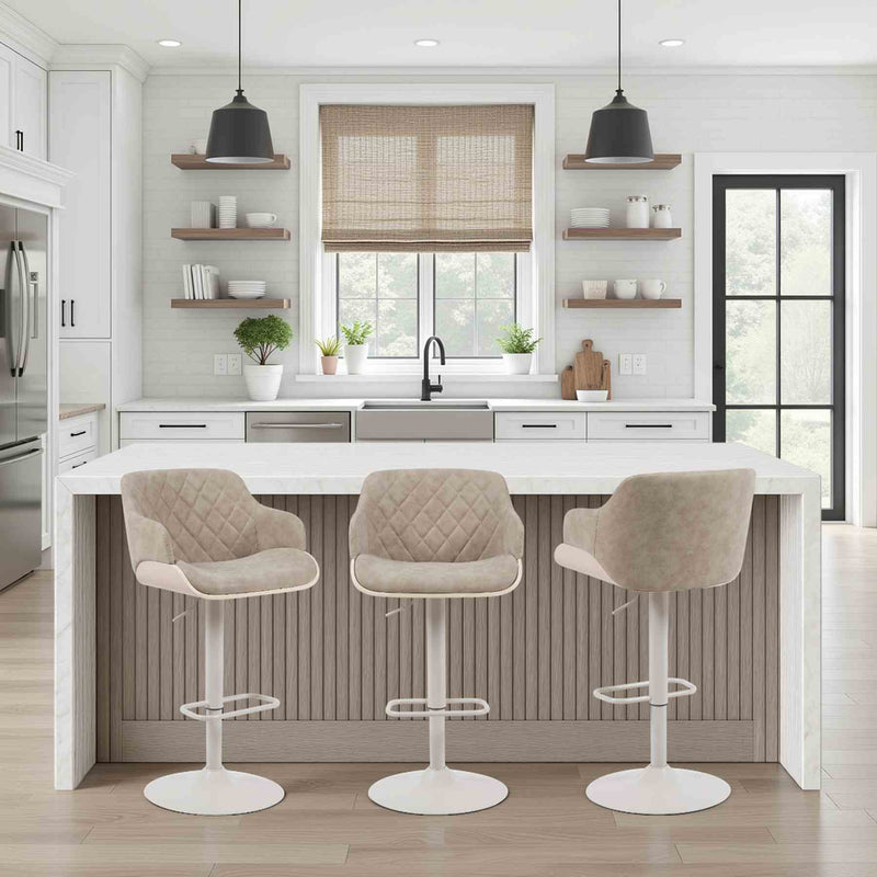 Toby Adjustable Swivel Barstool in Ivory Finish with Vintage Taupe Upholstered Seat and Pale Wood Accents - Furniture City (CA)l