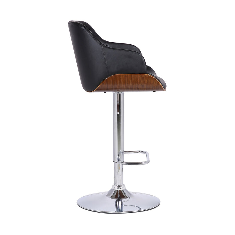 Toby Black Faux Leather Adjustable Height Swivel Walnut Wood and Chrome Bar Stool - Furniture City (CA)l