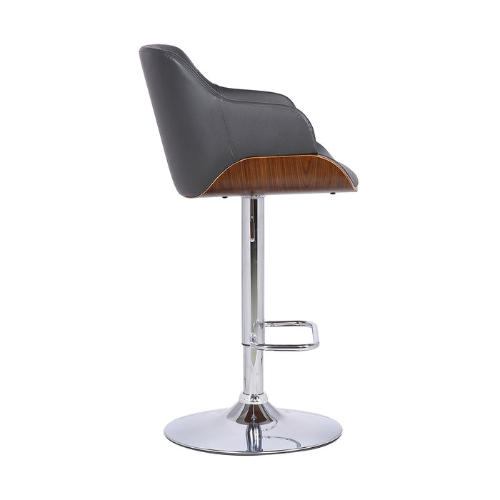 Toby Gray Faux Leather Adjustable Height Swivel Walnut Wood and Chrome Bar Stool
