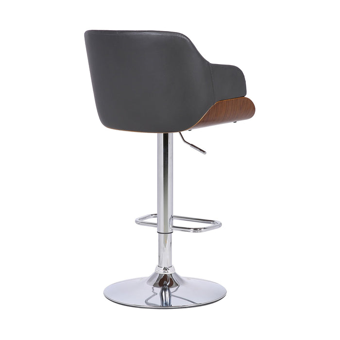 Toby Gray Faux Leather Adjustable Height Swivel Walnut Wood and Chrome Bar Stool