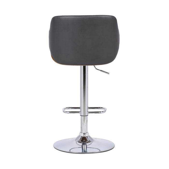 Toby Gray Faux Leather Adjustable Height Swivel Walnut Wood and Chrome Bar Stool