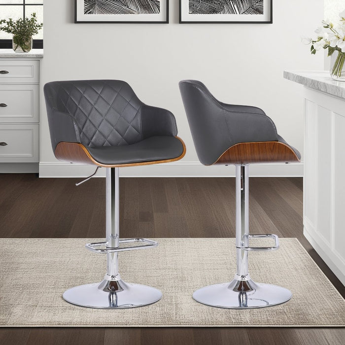 Toby Gray Faux Leather Adjustable Height Swivel Walnut Wood and Chrome Bar Stool