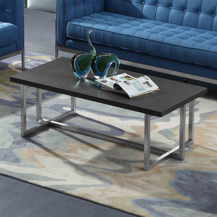 Topaz Contemporary Rectangular Coffee Table in Brushed Stainless Steel with Gray Wood Top