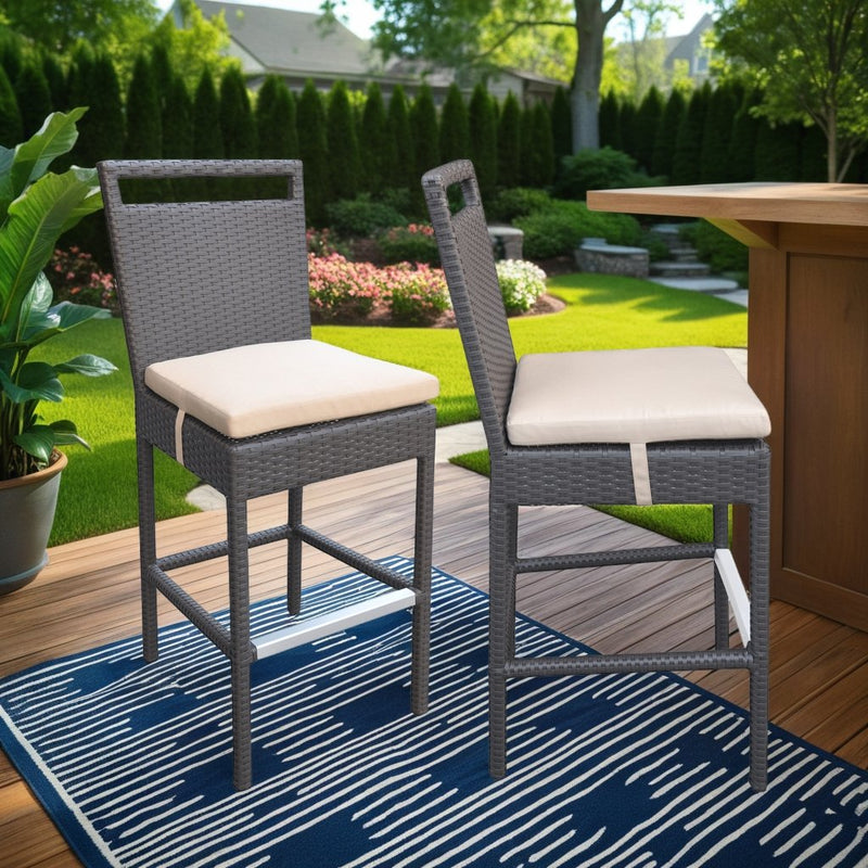 Tropez Outdoor Patio Wicker Barstool with Water Resistant Beige Fabric Cushions - Furniture City (CA)l