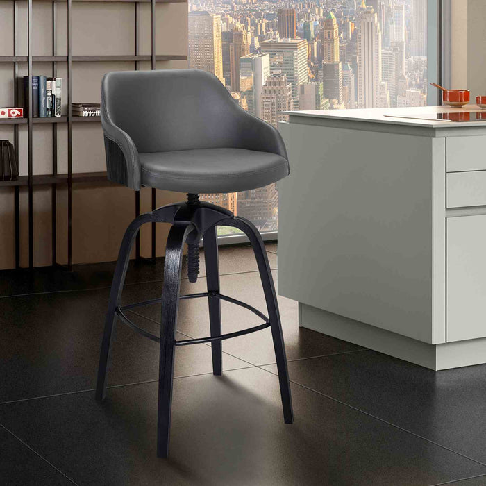 Tara Contemporary Adjustable Barstool in Black Brushed Wood Finish and Gray Faux Leather