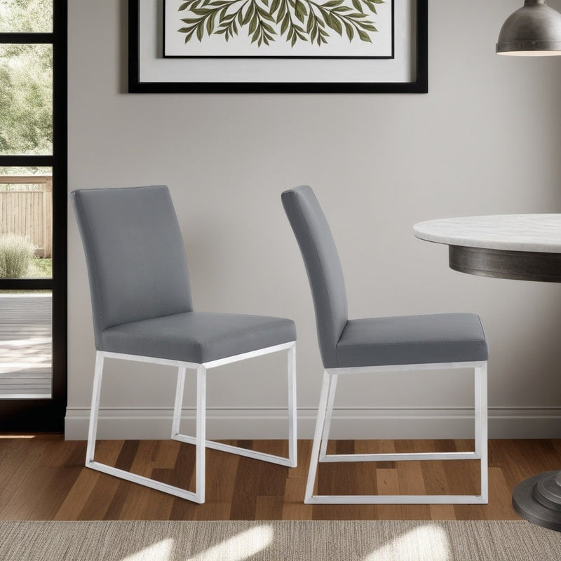 Trevor Contemporary Dining Chair in Brushed Stainless Steel and Gray Faux Leather - Set of 2 - Furniture City (CA)l