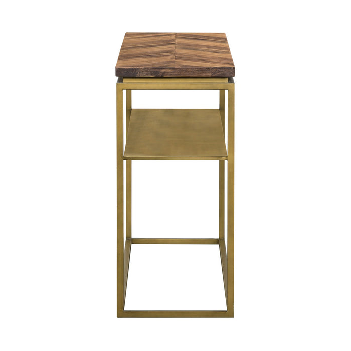 Faye Rustic Brown Wood Console Table with Shelf and Antique Brass Metal Base