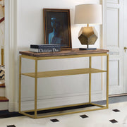 Faye Rustic Brown Wood Console Table with Shelf and Antique Brass Metal Base - Furniture City (CA)l