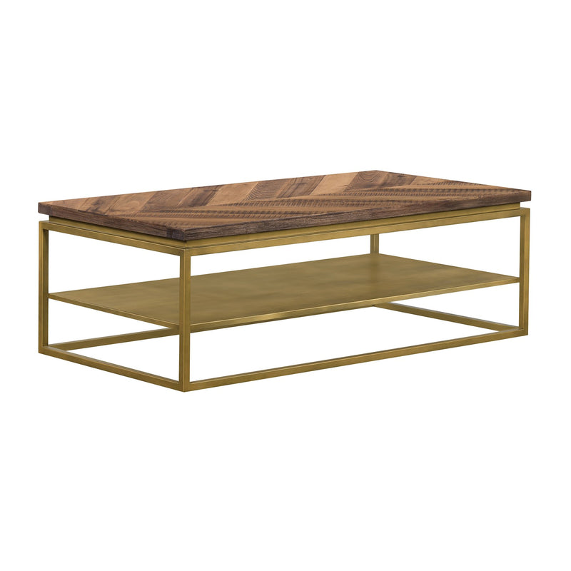 Faye Rustic Brown Wood Coffee Table with Shelf and Antique Brass Metal Base - Furniture City (CA)l