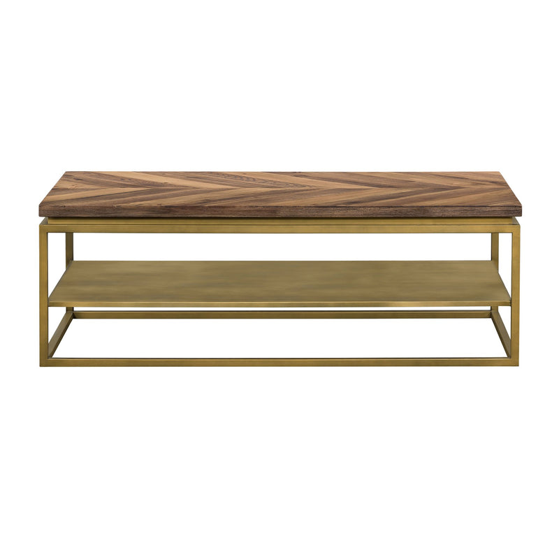Faye Rustic Brown Wood Coffee Table with Shelf and Antique Brass Metal Base - Furniture City (CA)l