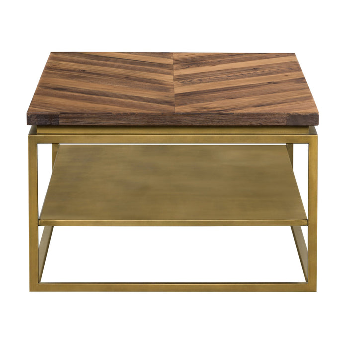 Faye Rustic Brown Wood Coffee Table with Shelf and Antique Brass Metal Base