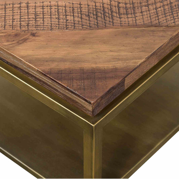 Faye Rustic Brown Wood Coffee Table with Shelf and Antique Brass Metal Base