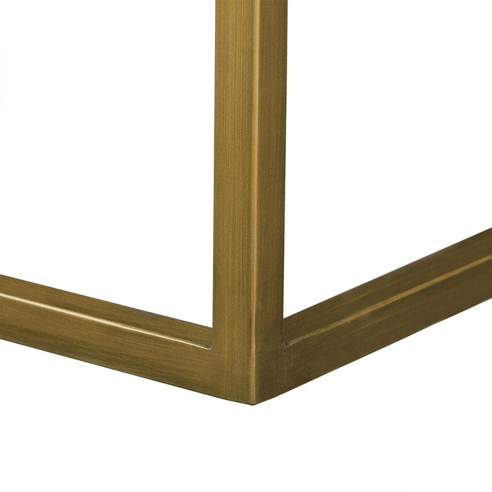 Faye Rustic Brown Wood Coffee Table with Shelf and Antique Brass Metal Base