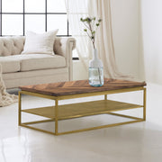 Faye Rustic Brown Wood Coffee Table with Shelf and Antique Brass Metal Base - Furniture City (CA)l