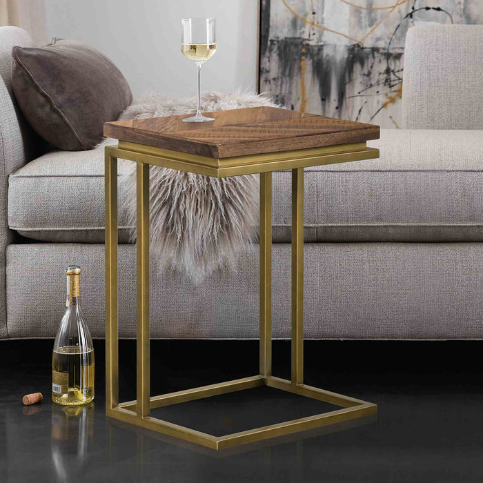 Faye Rustic Brown Wood C-Shape End table with Antique Brass Base