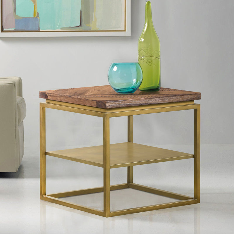 Faye Rustic Brown Wood Side table with Shelf and Antique Brass Base - Furniture City (CA)l
