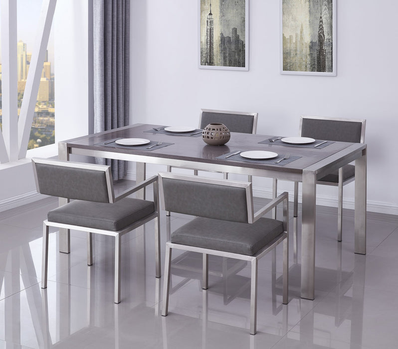 Tessa Contemporary Dining Table in Brushed Stainless Steel and Gray Walnut Top