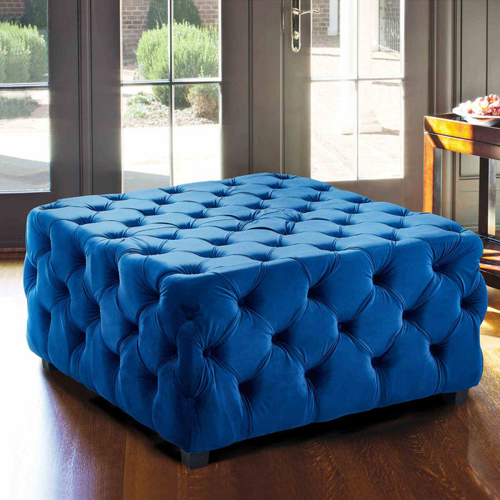 Taurus Contemporary Ottoman in Blue Velvet with Wood Legs