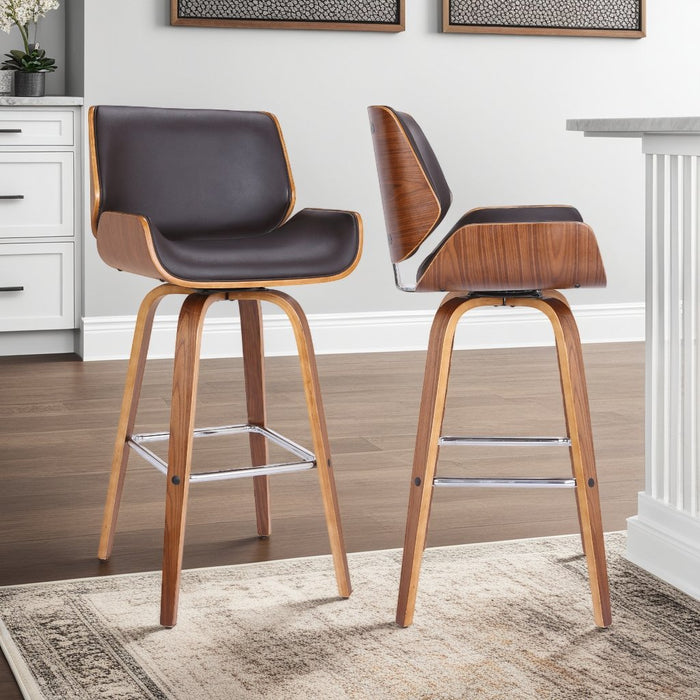 Tyler 26" Counter Height Swivel Brown Faux Leather and Walnut Wood Bar Stool
