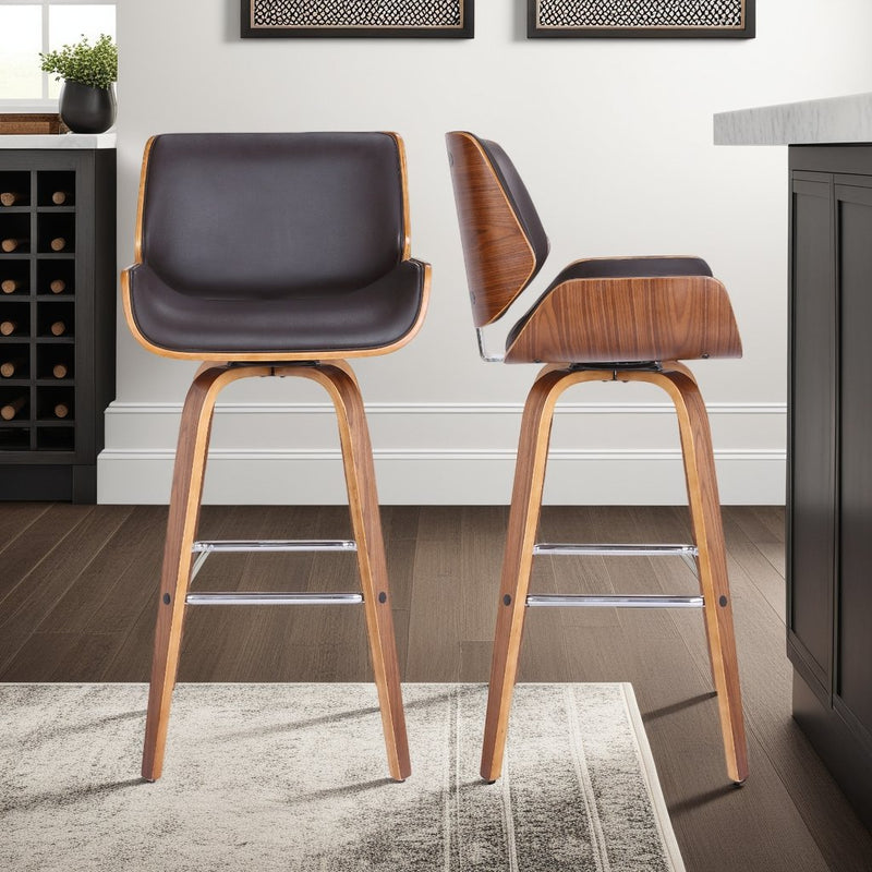 Tyler 30" Bar Height Swivel Brown Faux Leather and Walnut Wood Bar Stool - Furniture City (CA)l