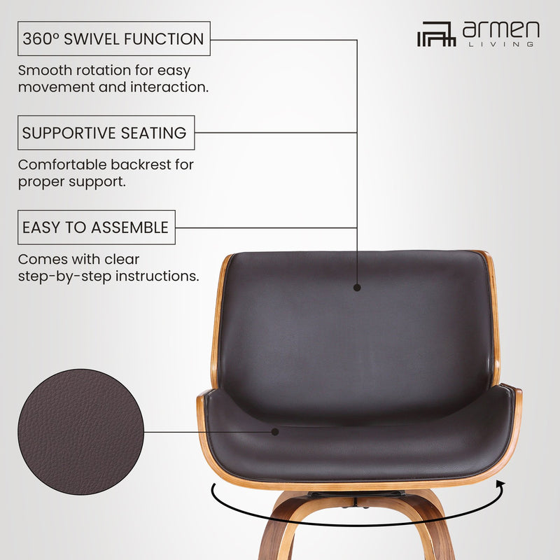 Tyler 30" Bar Height Swivel Brown Faux Leather and Walnut Wood Bar Stool - Furniture City (CA)l