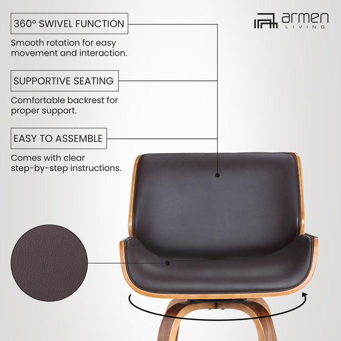 Tyler 30" Bar Height Swivel Brown Faux Leather and Walnut Wood Bar Stool