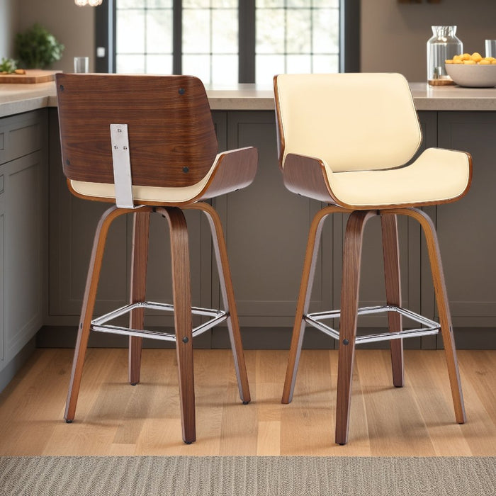 Tyler 26" Counter Height Swivel Cream Faux Leather and Walnut Wood Bar Stool