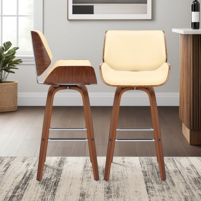 Tyler 30" Bar Height Swivel Cream Faux Leather and Walnut Wood Bar Stool