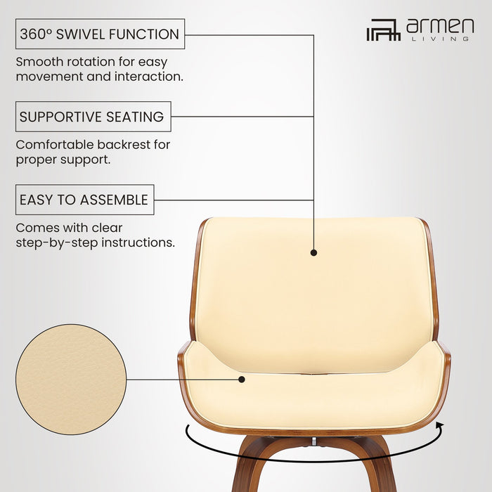 Tyler 30" Bar Height Swivel Cream Faux Leather and Walnut Wood Bar Stool