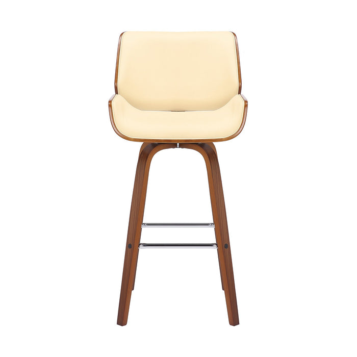 Tyler 30" Bar Height Swivel Cream Faux Leather and Walnut Wood Bar Stool