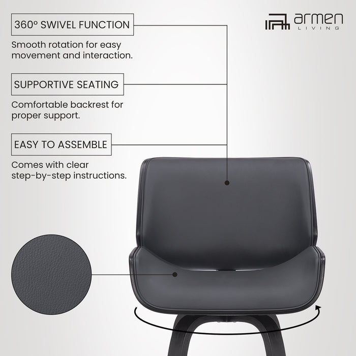 Tyler 26" Counter Height Swivel Gray Faux Leather and Black Wood Bar Stool