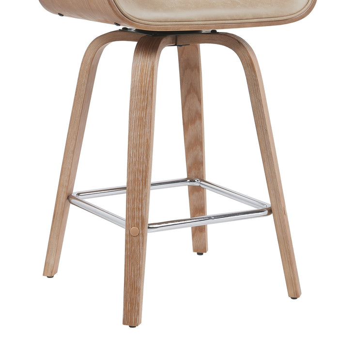 Tyler Modern Counter Height Swivel  Bar Stool with White Wash Finished Wood and Vintage Brown Upholstery