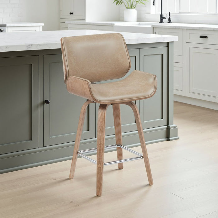 Tyler Modern Counter Height Swivel  Bar Stool with White Wash Finished Wood and Vintage Brown Upholstery
