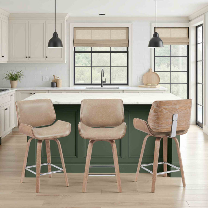 Tyler Modern Counter Height Swivel  Bar Stool with White Wash Finished Wood and Vintage Brown Upholstery