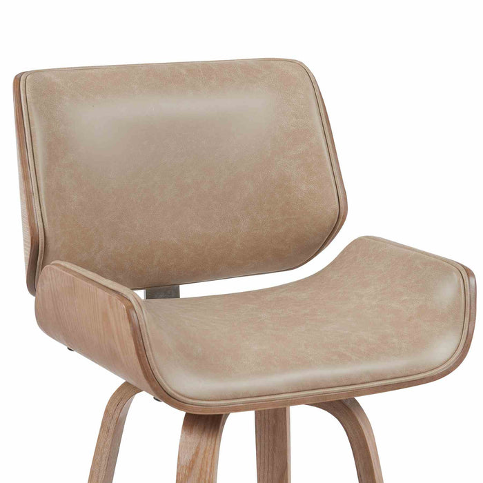 Tyler Modern Swivel Bar Stool with White Wash Finished Wood and Vintage Brown Upholstery