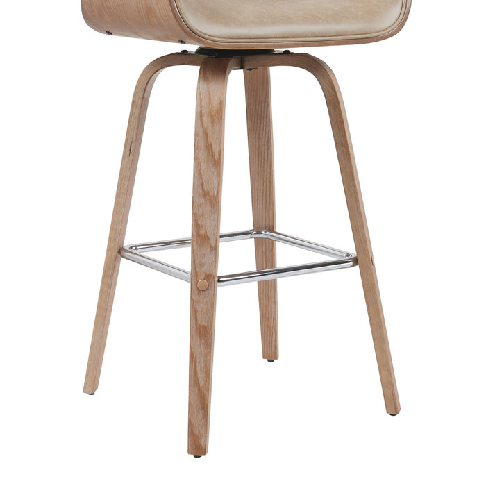 Tyler Modern Swivel Bar Stool with White Wash Finished Wood and Vintage Brown Upholstery