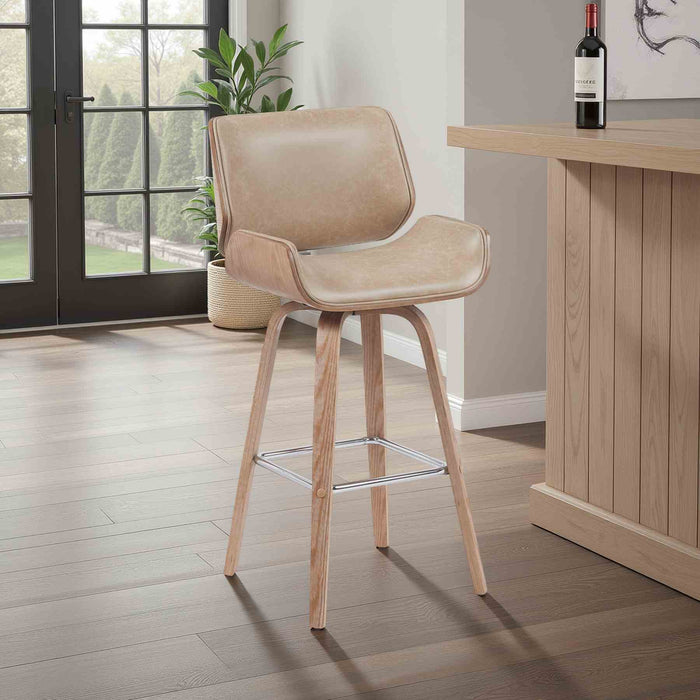 Tyler Modern Swivel Bar Stool with White Wash Finished Wood and Vintage Brown Upholstery