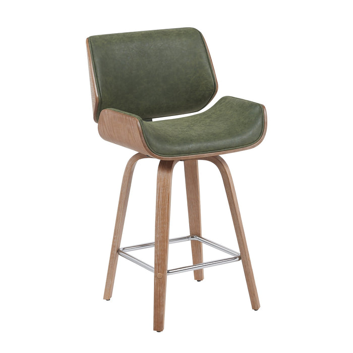 Tyler Modern Counter Height Swivel Bar Stool with White Wash Finished Wood and Vintage Green Upholstery