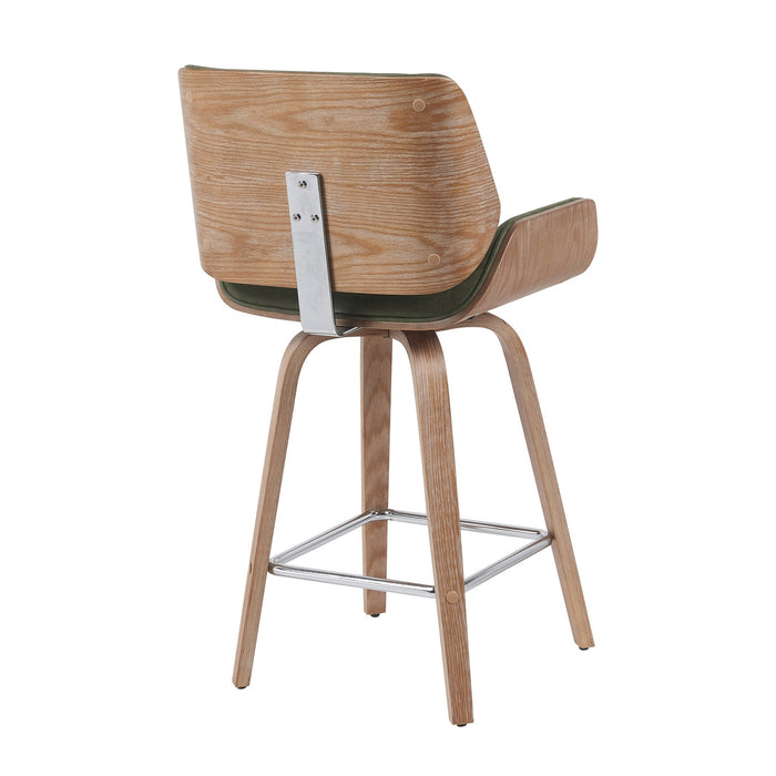Tyler Modern Counter Height Swivel Bar Stool with White Wash Finished Wood and Vintage Green Upholstery