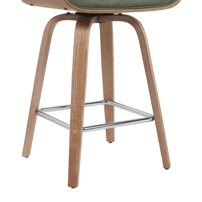 Tyler Modern Counter Height Swivel Bar Stool with White Wash Finished Wood and Vintage Green Upholstery