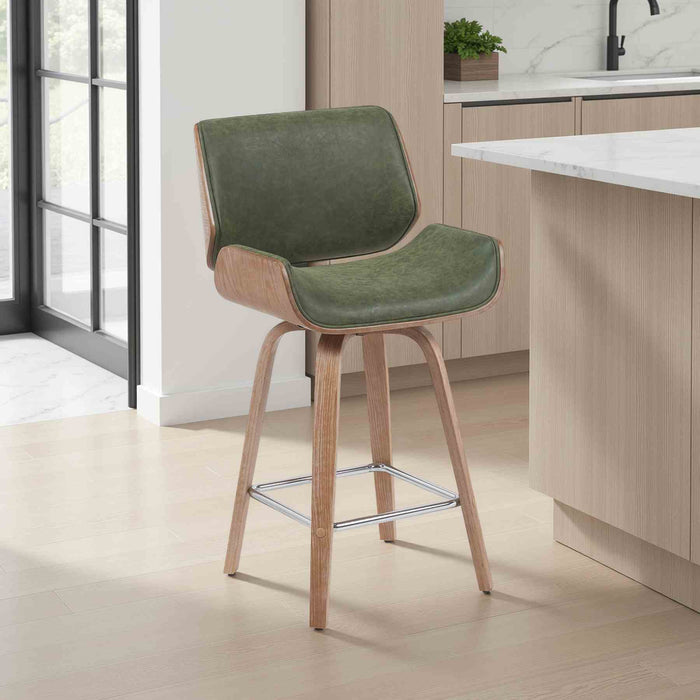 Tyler Modern Counter Height Swivel Bar Stool with White Wash Finished Wood and Vintage Green Upholstery