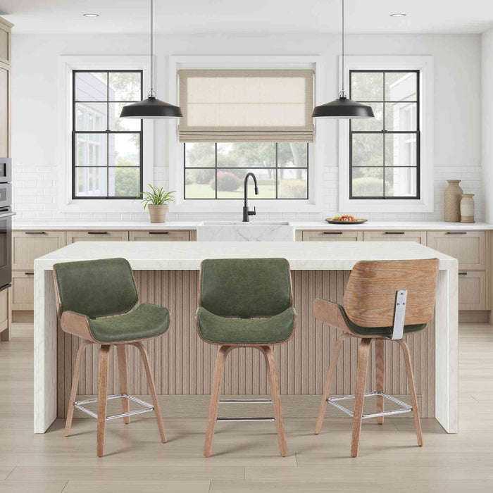 Tyler Modern Counter Height Swivel Bar Stool with White Wash Finished Wood and Vintage Green Upholstery