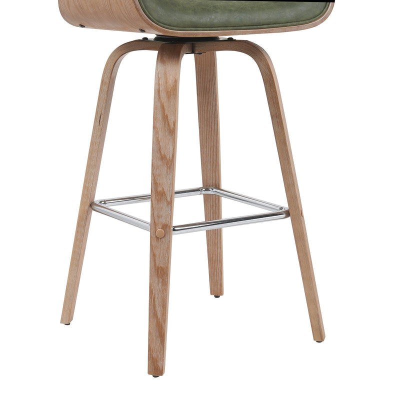 Tyler Modern Swivel Bar Stool with White Wash Finished Wood and Vintage Green Upholstery