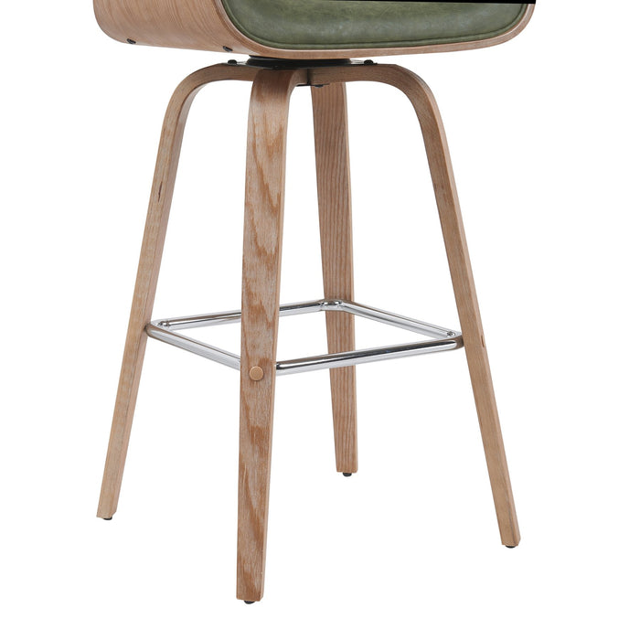Tyler Modern Swivel Bar Stool with White Wash Finished Wood and Vintage Green Upholstery