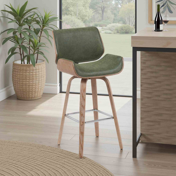 Tyler Modern Swivel Bar Stool with White Wash Finished Wood and Vintage Green Upholstery