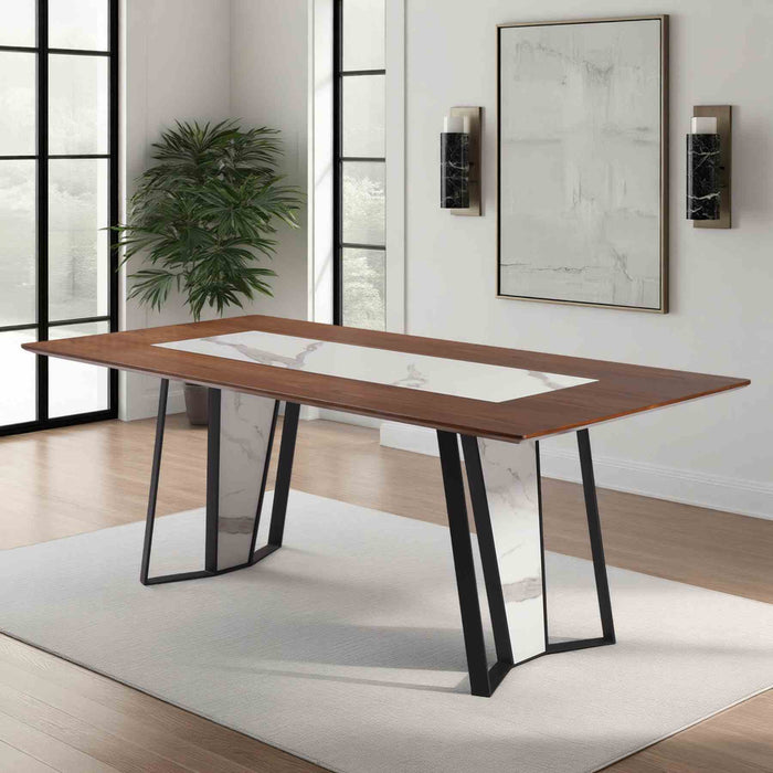 Tanya  Transitional 79 in. Rectangular Dining Table with Brown Wood and White Sintered Stone Table Top - Seats up to 6