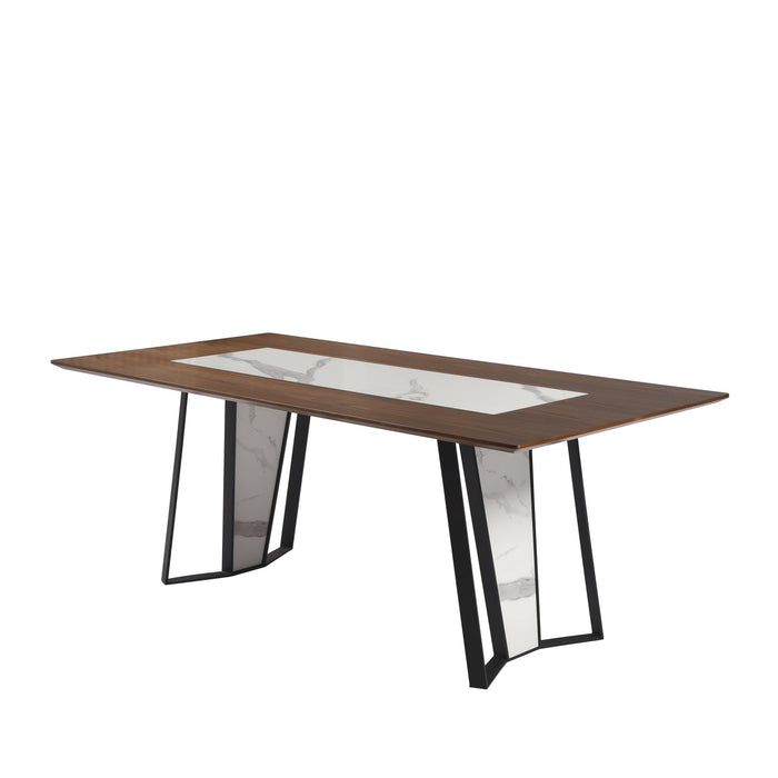 Tanya  Transitional 79 in. Rectangular Dining Table with Brown Wood and White Sintered Stone Table Top - Seats up to 6