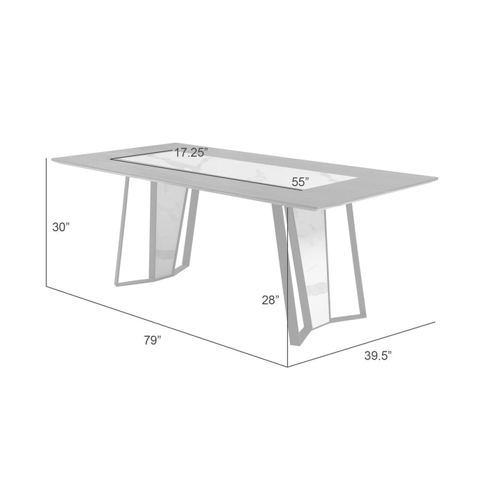 Tanya  Transitional 79 in. Rectangular Dining Table with Brown Wood and White Sintered Stone Table Top - Seats up to 6