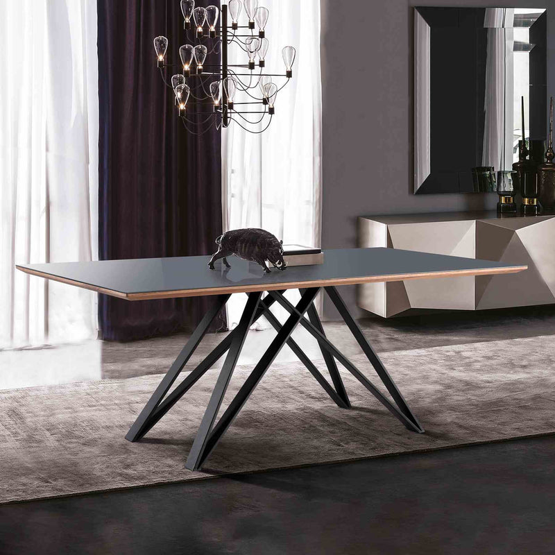 Urbino Mid-Century Dining Table in Matte Black Finish with Walnut and Dark Gray Glass Top - Furniture City (CA)l