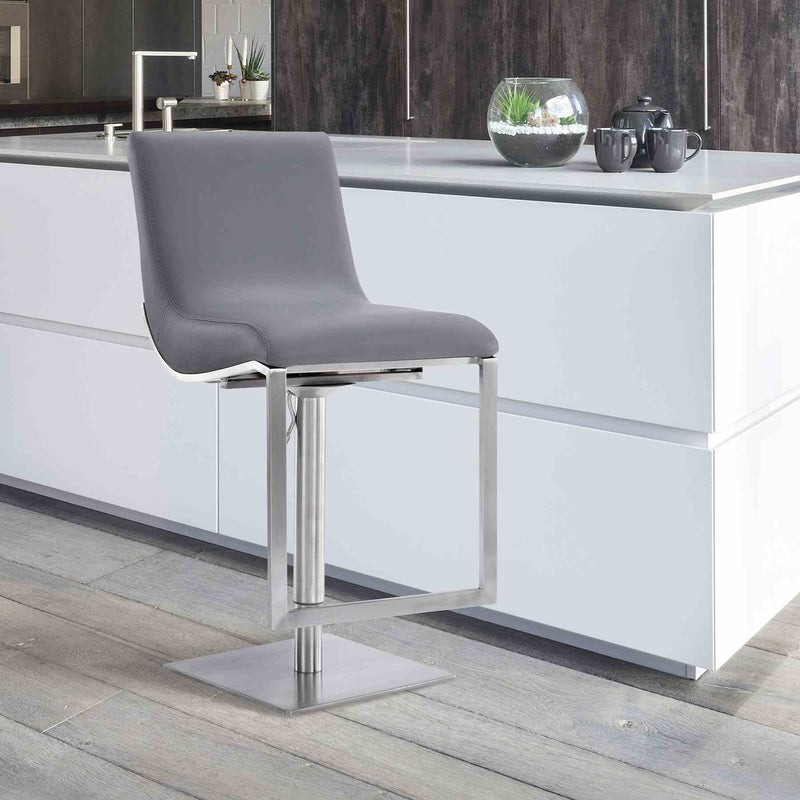 Victory Contemporary Swivel Barstool in Brushed Stainless Steel and Gray Faux Leather - Furniture City (CA)l